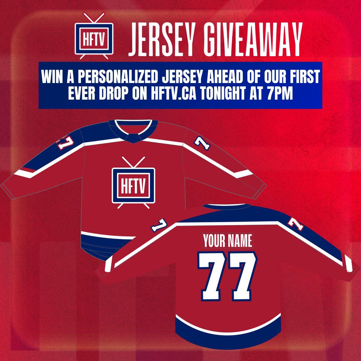 One lucky person in our RTs will be getting their own PERSONALIZED HFTV Jersey ahead of our first drop TONIGHT Nov 27th at 7:00 PM!

Must Like &amp; RT to Enter!

Link for tonight's drop: hftv.ca
