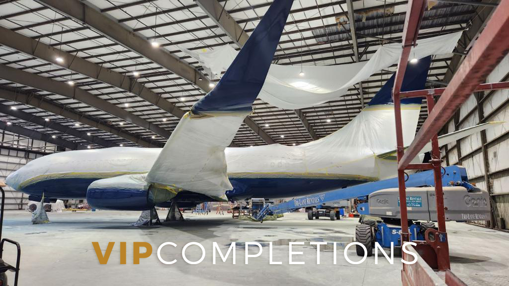 BBJ Paint Progress Update 🛫🎨 The new paint job is starting to come to life! We are nearing the finish line on this portion of the project as we get ready for its return to begin the next phase of reinstalling the interior components 🏁 🛠️ #vipcompletions #boeing #bbj