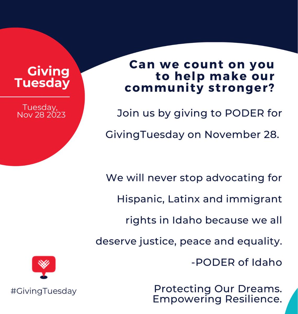 PoderofID's tweet image. Nov. 28 is #givingtuesday !  Can we count on you to help us raise $1000? That’s less than $2 per follower!

We advocate for the Hispanic, Latinx and immigrant communities of Idaho. Everyone deserves justice, peace and equity. 

Protecting Our Dreams. Empowering Resilience.
-PODER