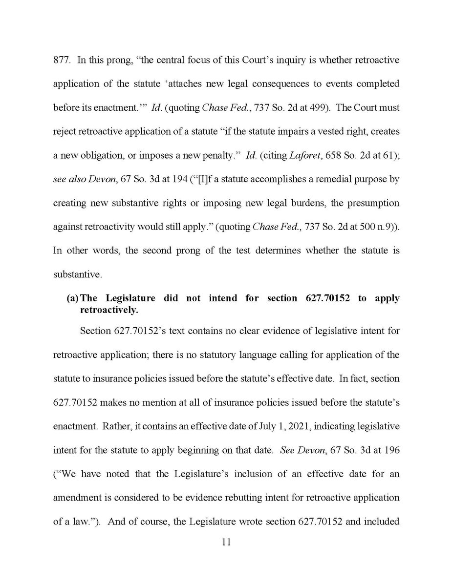 DandD_Law's tweet photo. ..( a statute which added significant hurdles to an insured’s ability to file a lawsuit against their insurance company, including the requirement that a “pre-suit notice” must be filed ) cannot be applied retroactively to policies issued before the effective date of the statute. https://t.co/70hKElVhiH