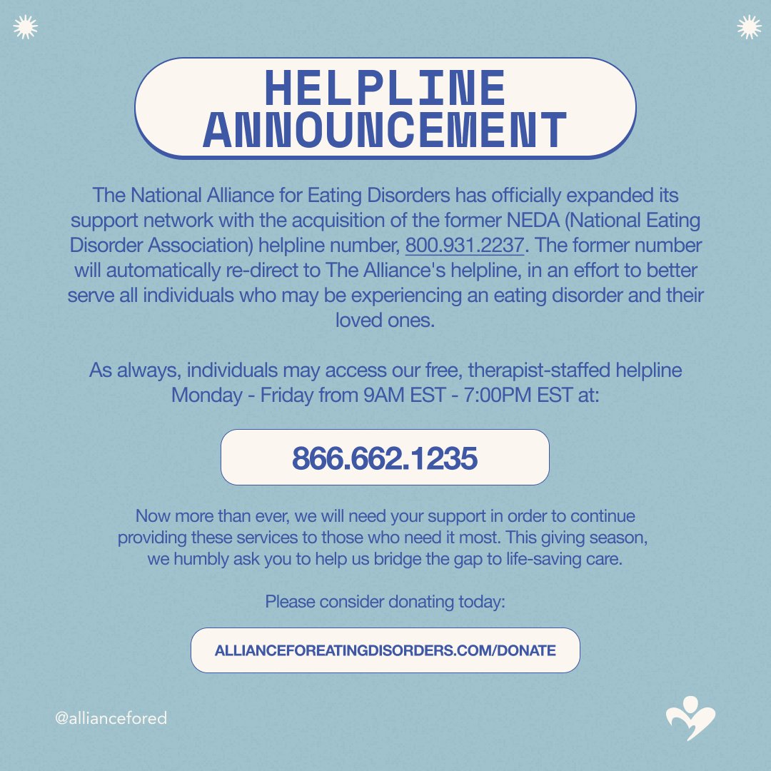 The Alliance has officially expanded its support network with the acquisition of the former NEDA helpline number. The former number will automatically re-direct to The Alliance's helpline, to better serve those who may be experiencing an eating disorder &amp; their loved ones.⁠