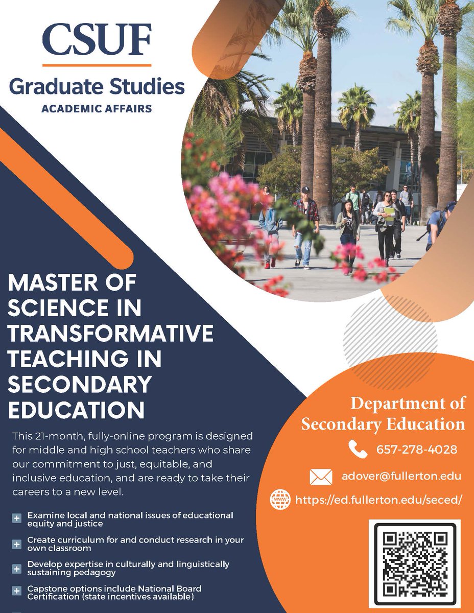 Teachers: Looking for a dynamic, affordable & social justice oriented grad program? Check out @csuf's fully online MS in Transformative Teaching, and get ready to advance your career. Grants bring the total cost down to just $6K! ed.fullerton.edu/seced/academic…