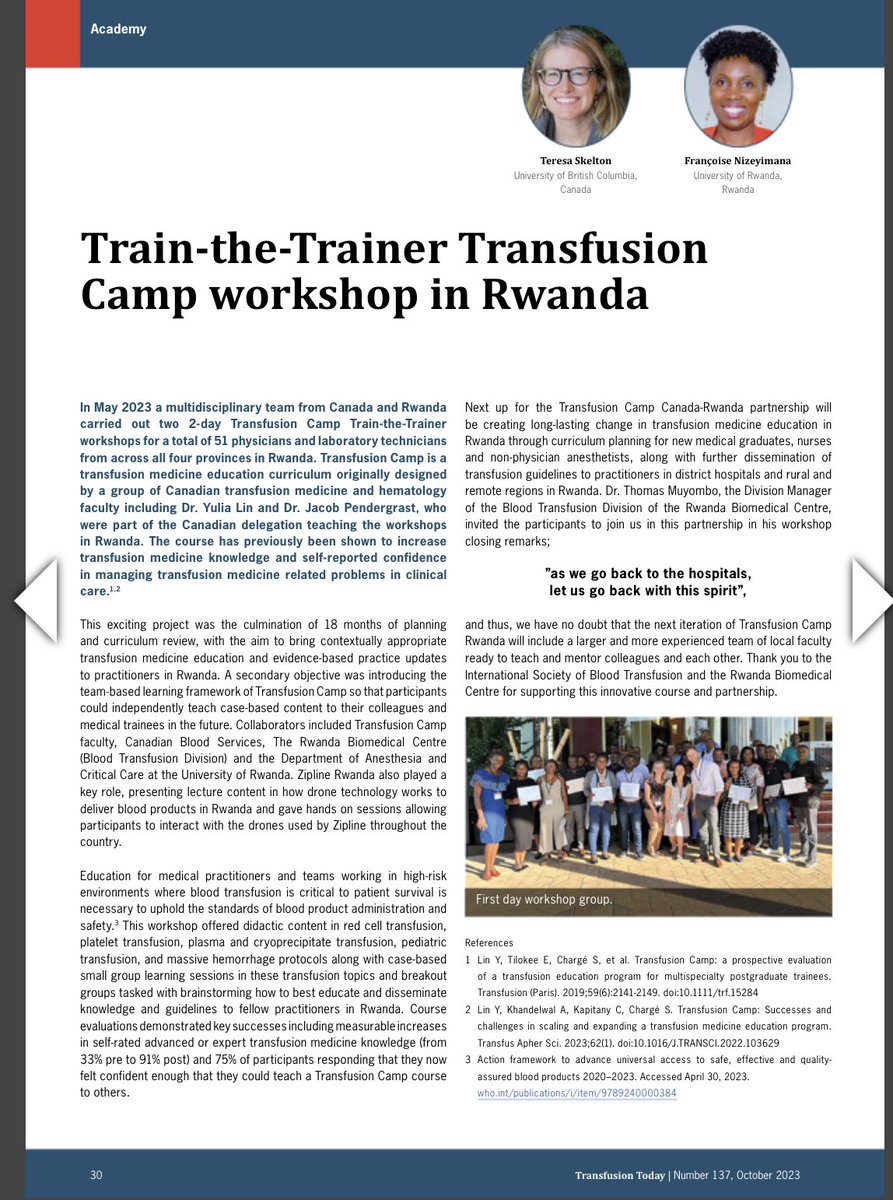 Teresa Skelton (@terriskeltoncan) on Twitter photo Thank to to the <a href="/ISBTCO/">ISBT Central Office</a> for the opportunity to share our collective experience in delivering transfusion medicine education in Rwanda with support from <a href="/ISBTCO/">ISBT Central Office</a> , <a href="/RBCRwanda/">Rwanda Biomedical Centre</a> , and <a href="/CanadasLifeline/">Canadian Blood Services</a> .
7d330759.flowpaper.com/TransfusionTod…
<a href="/dryulialin/">Yulia Lin</a>
<a href="/Dr_Francoise1/">Nizeyimana Françoise, MD</a>
<a href="/HospitalChuk/">University Teaching Hospital of Kigali/CHUK</a>
<a href="/CAS_IEF/">CAS IEF</a> Thank to to the <a href="/ISBTCO/">ISBT Central Office</a> for the opportunity to share our collective experience in delivering transfusion medicine education in Rwanda with support from <a href="/ISBTCO/">ISBT Central Office</a> , <a href="/RBCRwanda/">Rwanda Biomedical Centre</a> , and <a href="/CanadasLifeline/">Canadian Blood Services</a> .
7d330759.flowpaper.com/TransfusionTod…
<a href="/dryulialin/">Yulia Lin</a>
<a href="/Dr_Francoise1/">Nizeyimana Françoise, MD</a>
<a href="/HospitalChuk/">University Teaching Hospital of Kigali/CHUK</a>
<a href="/CAS_IEF/">CAS IEF</a>