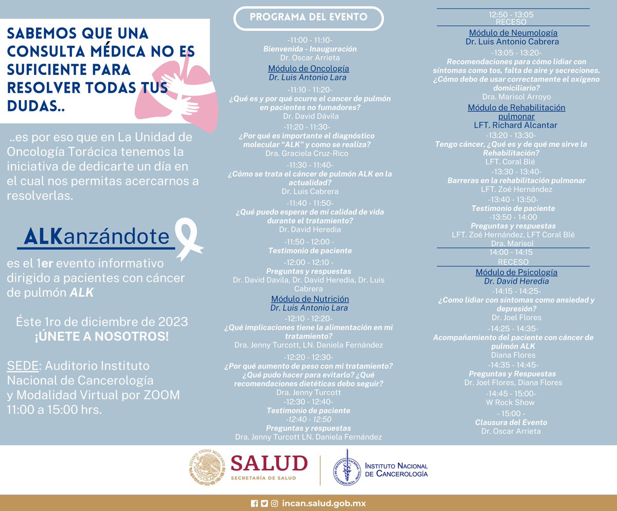 UToracica's tweet photo. Existe un grupo de pacientes que nunca fumaron y cuyo cáncer de pulmón se origina por una mutación genética, como el ALK, para ellos tenemos nuestro primer evento informativo 
-Fecha: 1 de diciembre de 11 a 15 h.
Presencial: Auditorio 
-Zoom 
Id: 852 8467 2013
Contraseña: 435257 https://t.co/9X3mqMCVhW