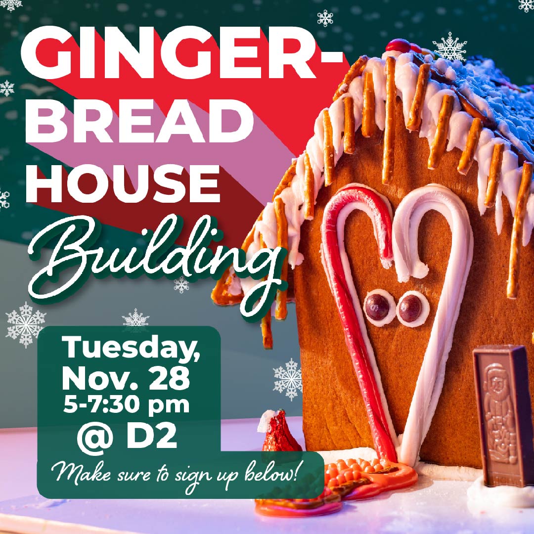 TOMORROW! Kick off your winter holiday
celebrations and join us at our annual gingerbread
house-making evening at D2, held Nov. 27th, from 5-7. Sign up here: bit.ly/3GjUrHq 
#hokiedining #VTdining