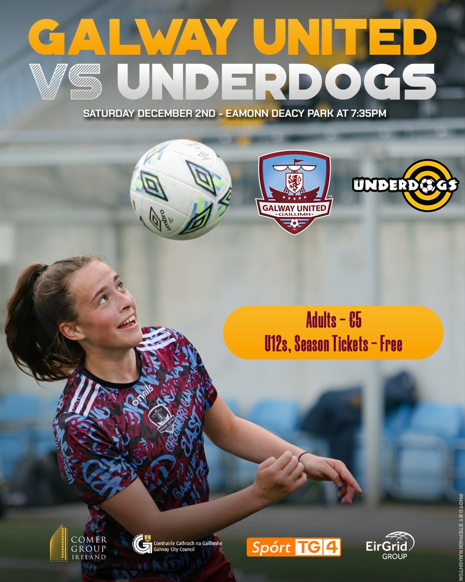 We'd love to see you all in Eamonn Deacy Park for one last time in 2023 ❤️

📆: Dé Sathairn 02/11
⏰: 19:15 (K.O. 19:35)
🎟️: galwayunitedfc.ie/match-tickets/ (𝗨𝟭𝟮𝘀 𝗮𝗻𝗱 𝗦𝗲𝗮𝘀𝗼𝗻 𝗧𝗶𝗰𝗸𝗲𝘁𝘀 𝗙𝗿𝗲𝗲)

#UnderdogsTG4 | <a href="/SportTG4/">Spórt TG4</a>  | <a href="/LoiWomen/">LOI Women</a>  | <a href="/ADAREtelly/">ADARE PRODUCTIONS 📺</a>  | <a href="/AVENIRSPORTS/">Avenir Sports</a>