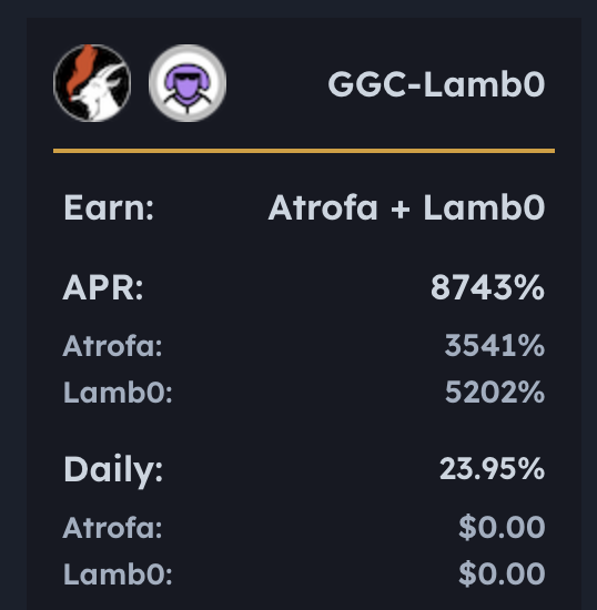 pulselamb0's tweet photo. New Dual Rewards Pool Live on @Atrofarm17023 

Stake $GGC-$LAMB0 &amp; Earn High Yield 💰💰💰

https://t.co/mMQjrMrPlh https://t.co/qL9EltSLsq
