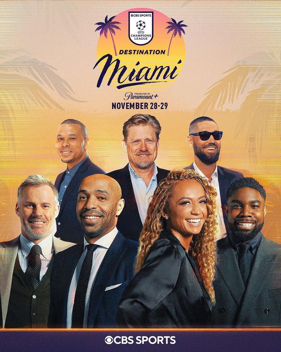 TUNNEL VISION TO DESTINATION MIAMI 😎 Come join @kate_abdo, @MicahRichards, @Carra23, @Pschmeichel1, @CharlieDavies9, @clint_dempsey and Thierry Henry at The Deck at Island Gardens for #UCL Matchday 5. 👀