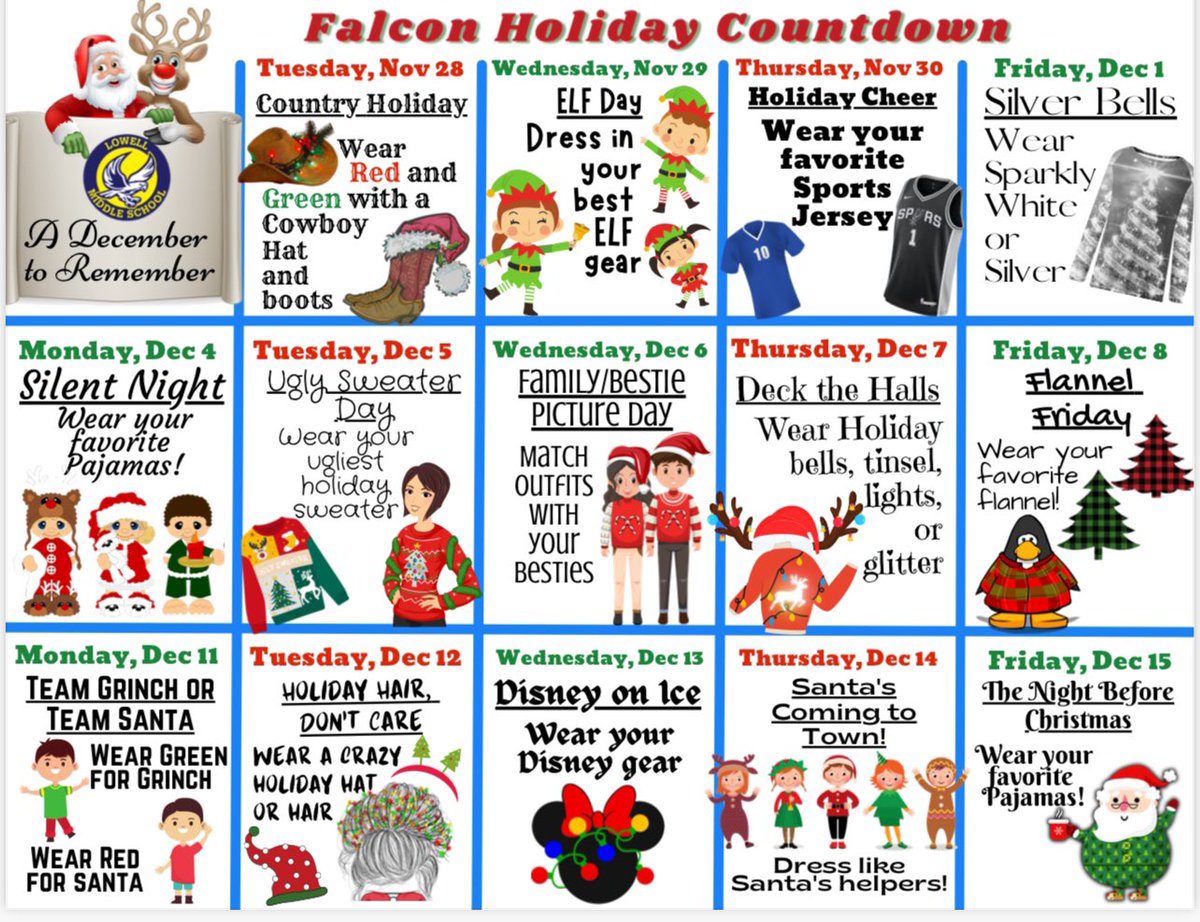 It’s beginning to look a lot like Christmas Falcons!  Make sure to participate in our specially themed days leading up to the winter break. Let’s make this a December to remember!  Go Falcons!!  🎄