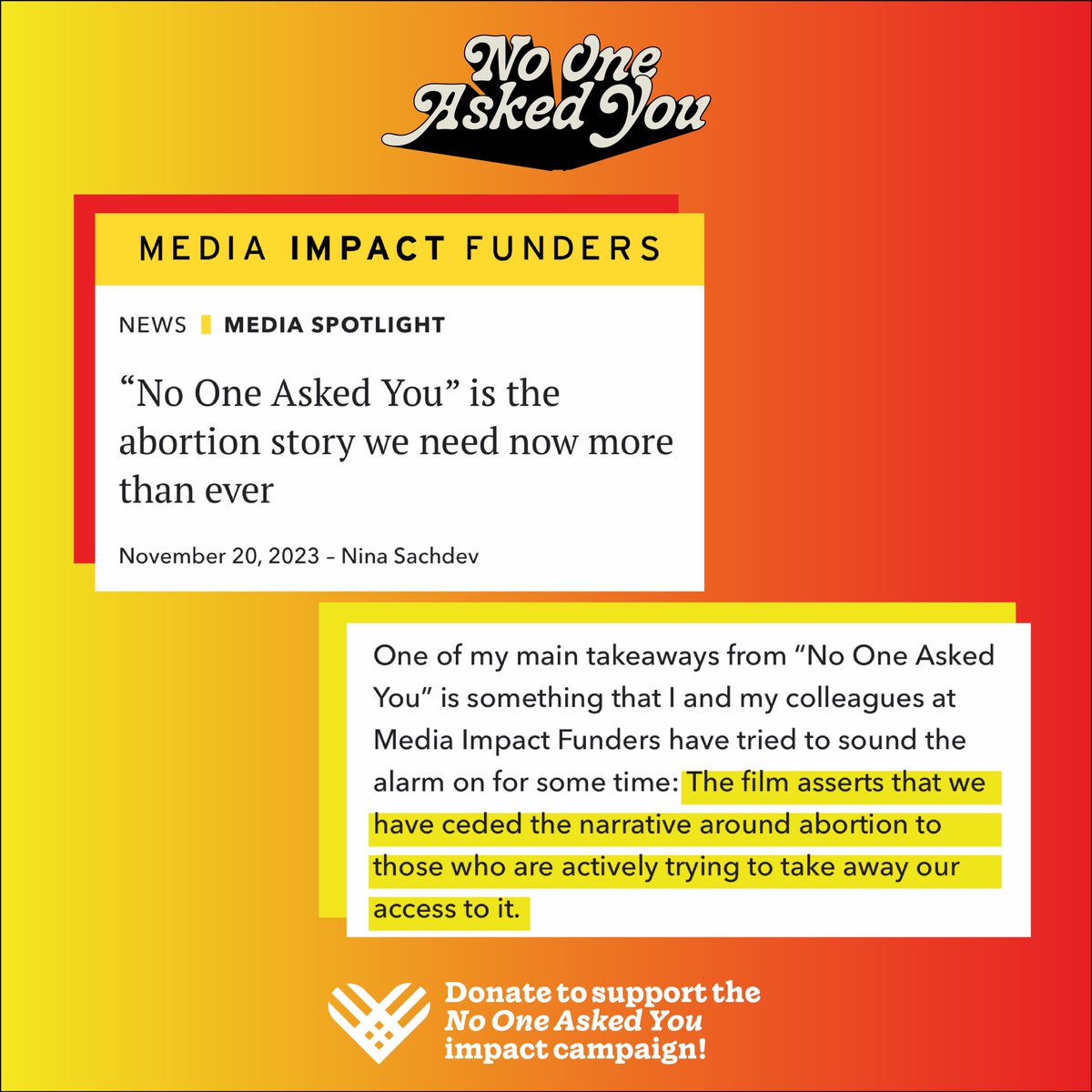 NoOneAskedUDoc's tweet image. This Giving Tuesday, donate to the @NoOneAskedUDoc  Impact Campaign! Our premiere at DOC NYC showed that people NEED to laugh in order to get activated. Laughter gets audiences energized, so they can push back against this anti-abortion hellscape as soon as the credits roll!