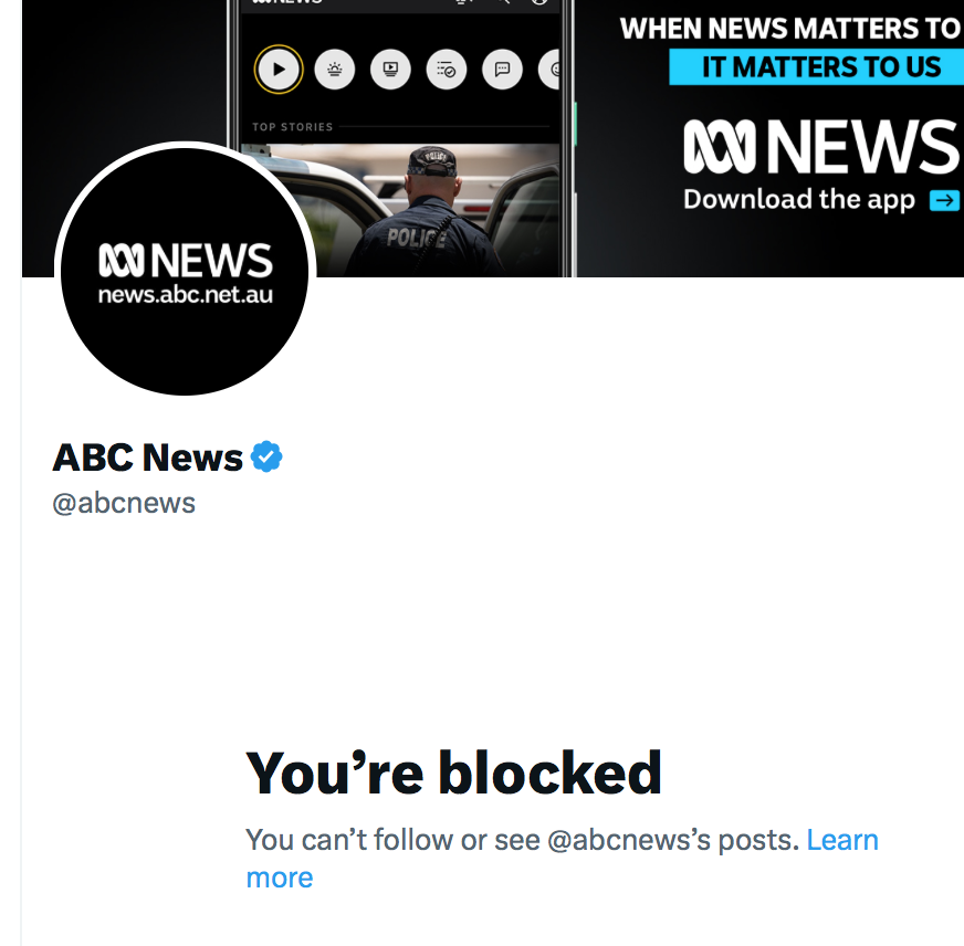 RupertsConscie1's tweet photo. I was blocked by ABC News...for my tweet critical of #qanda last night? I have not been abusive or threatening in any way.
Unbelievable....seriously, somebody fix @abcnews.
This is seriously fucked up if they can't take criticism. https://t.co/ZChsCIpSlP
