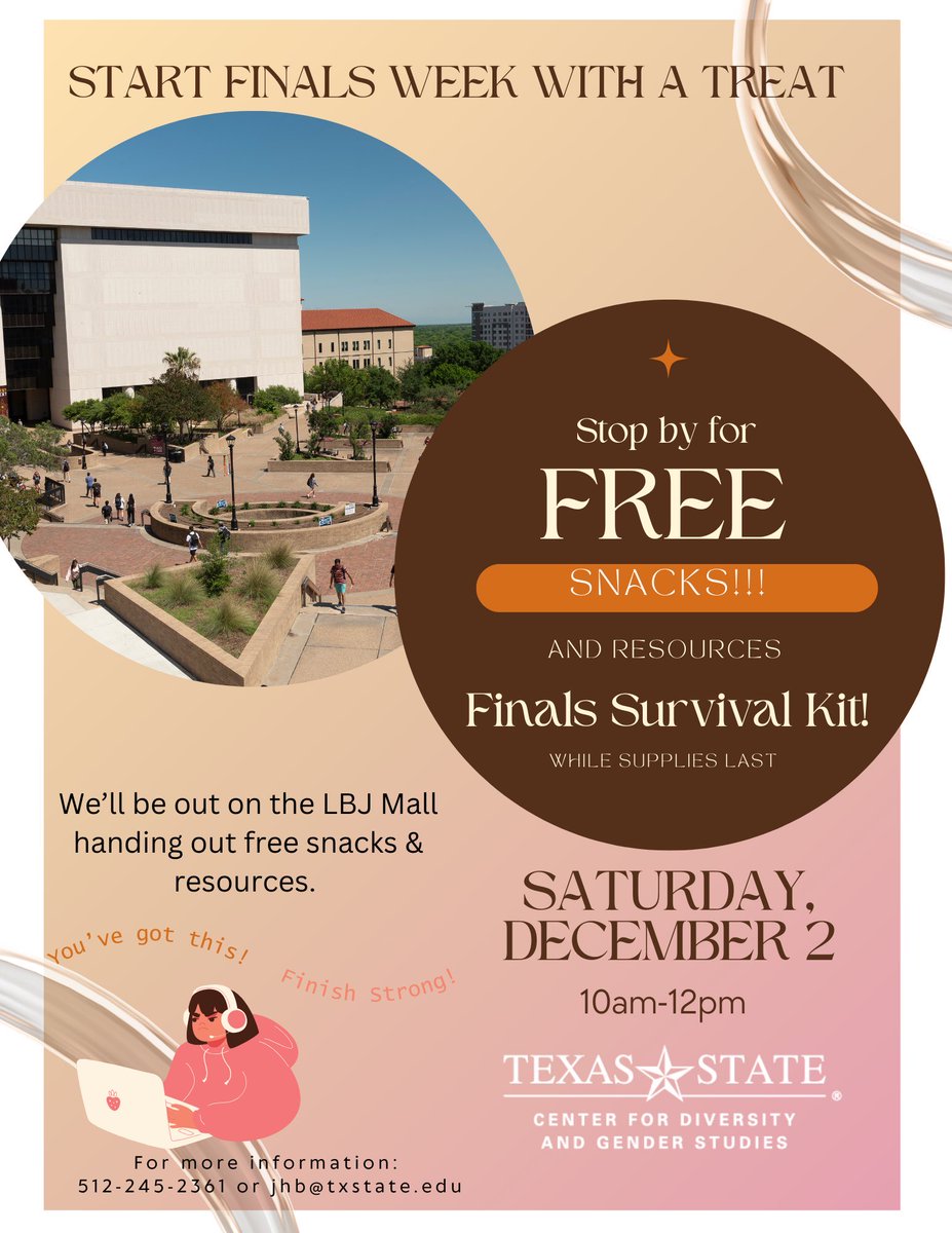 Pick up your Finals Survival Kit! This Saturday from 10am-12pm on the LBJ Mall.  Finish the semester strong, you’ve got this!