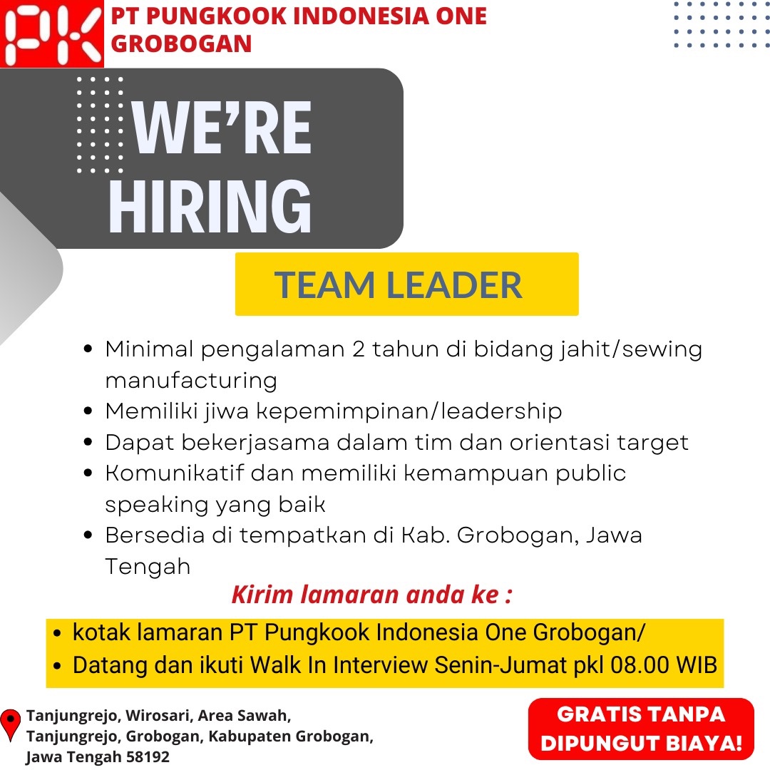 DisnakertranGro's tweet photo. Hallo sahabat pencaker..
Informasi lowongan pekerjaan di PT Pungkook Indonesia One Grobogan. Ayo segera daftarkan diri kalian…

 #sumarnigrobogan #bambangpujiyantodr #anangarmunanto #teguhharjokusumo #disnakertransgrobogan #lokergrobogan #infoloker https://t.co/no4DT1osrI