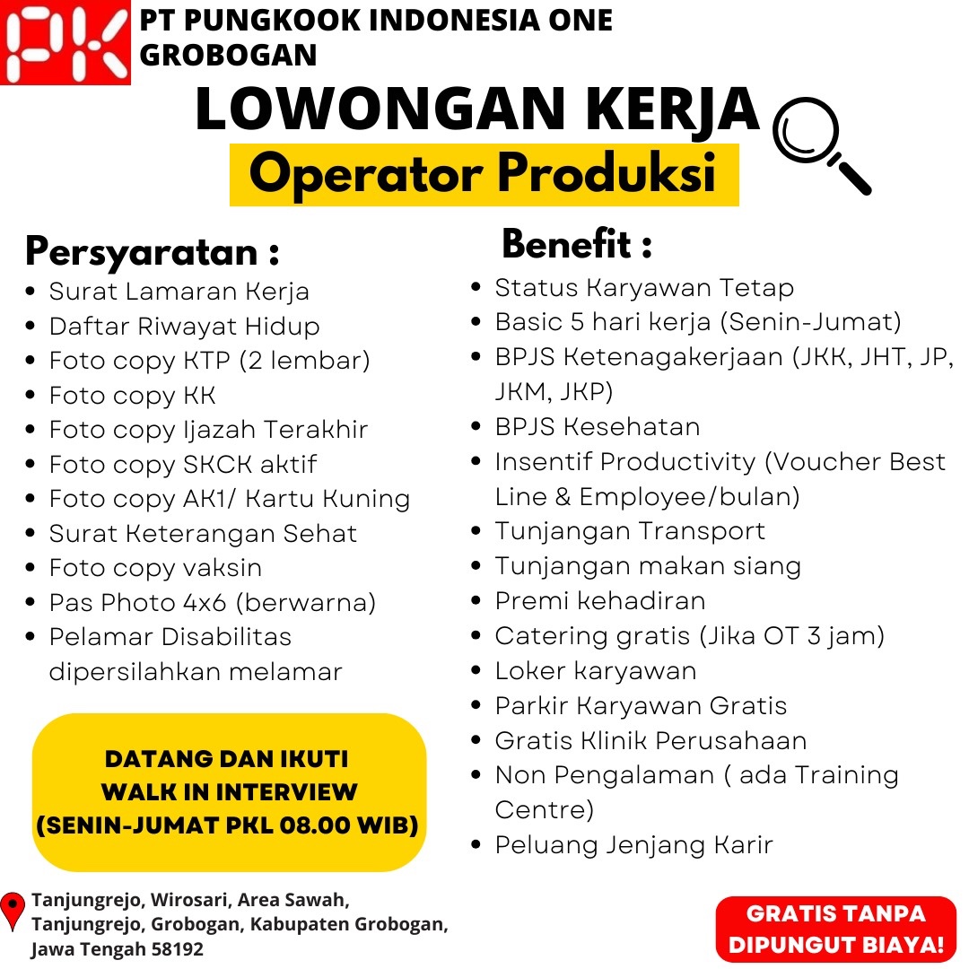 DisnakertranGro's tweet photo. Hallo sahabat pencaker..
Informasi lowongan pekerjaan di PT Pungkook Indonesia One Grobogan. Ayo segera daftarkan diri kalian…

 #sumarnigrobogan #bambangpujiyantodr #anangarmunanto #teguhharjokusumo #disnakertransgrobogan #lokergrobogan #infoloker https://t.co/no4DT1osrI