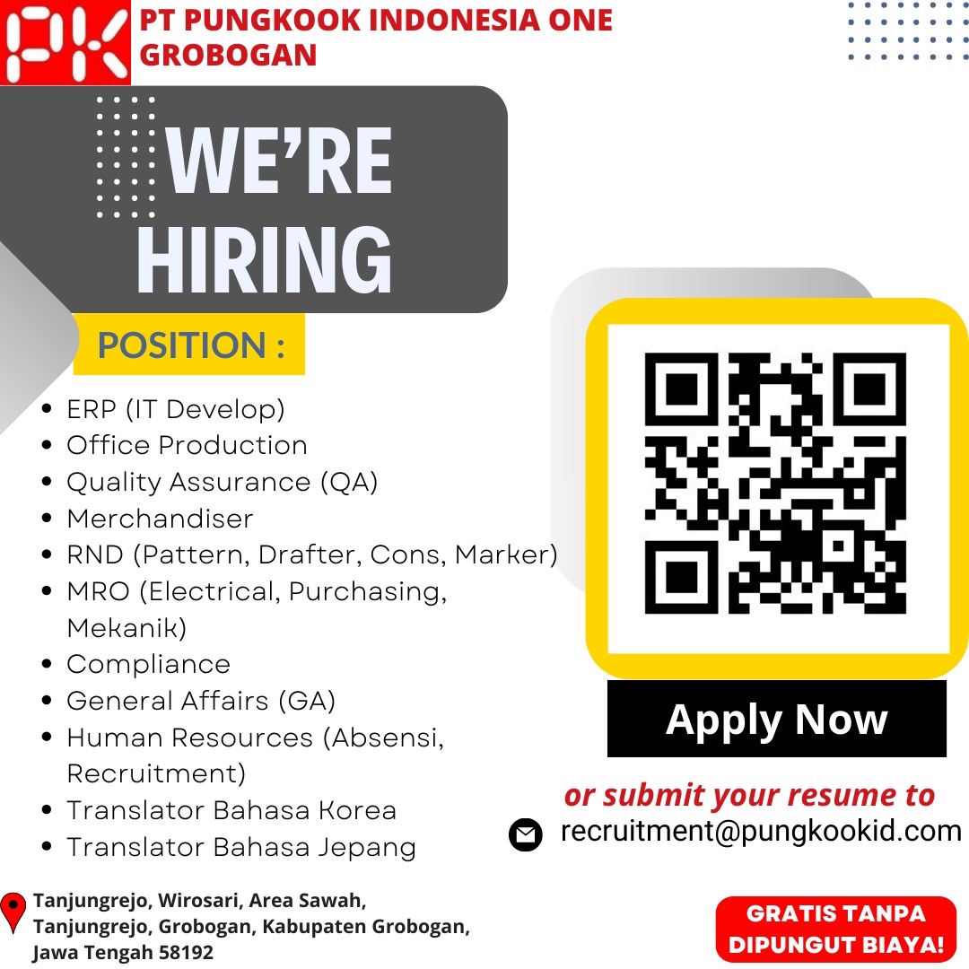 DisnakertranGro's tweet photo. Hallo sahabat pencaker..
Informasi lowongan pekerjaan di PT Pungkook Indonesia One Grobogan. Ayo segera daftarkan diri kalian…

 #sumarnigrobogan #bambangpujiyantodr #anangarmunanto #teguhharjokusumo #disnakertransgrobogan #lokergrobogan #infoloker https://t.co/no4DT1osrI