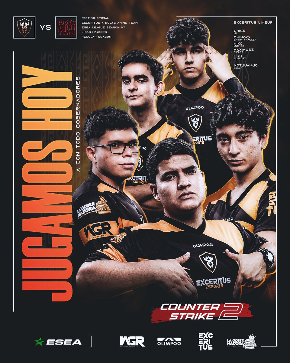 exceritus's tweet photo. Noche de CounterStrike 2 para iniciar la semana con los gobernadores ๐ฅ๐ A CON TODO, GOBERNADORESSSSSSSSSS
๐ฎ #counterstrike2
๐@ESEA League Season 47 | Regular Season
๐ #RogysAnimeTeam
โฐ 20:30 ๐ต๐ช
๐บ https://t.co/7BB7ZaQHVf
#exceritus #esports #LaGobernadoraBurger #Olimpoo https://t.co/G7LfI3EeTT