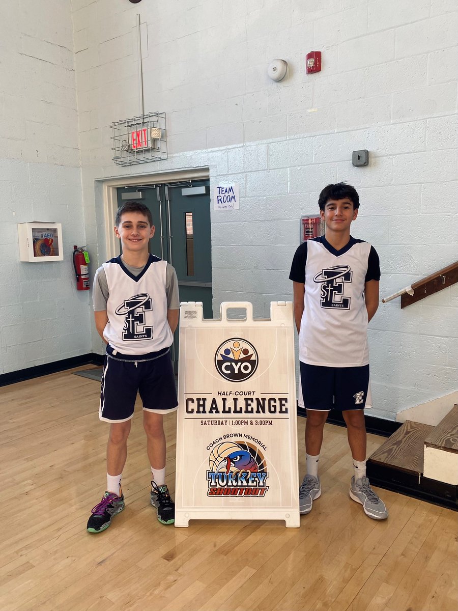 This weekend CYO held a Half-Court Challenge at the annual Turkey Shootout held by St. Jerome's. Lucas &amp; Grant both made their shot &amp; took home gift card prizes &amp; CYO covered their team's tournament registration fee! Congrats to Lucas, Grant, and their St. Elizabeth's team! 🏀🎉