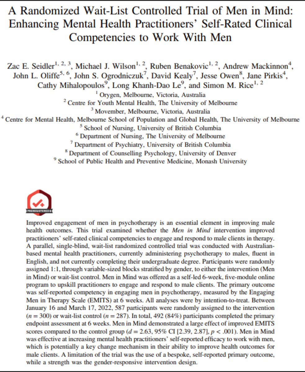 HUGE new paper alert 🚨📜| After 5 years of hard work, research and design I’m happy to announce the results of our RCT evaluating the world-first Men in Mind practitioner training program for engaging men in care has finally been published! psycnet.apa.org/fulltext/2024-… 🧵 1/5