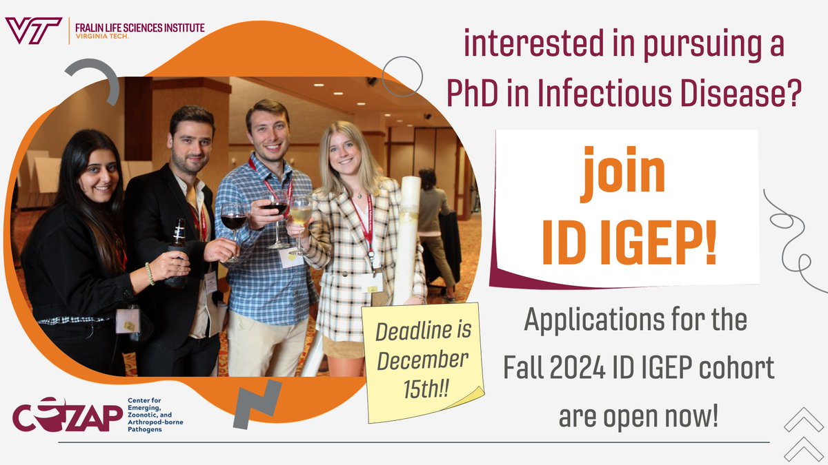 Interested in pursuing a #PhD in #infectiousdiseases ?  
The Interdisciplinary Graduate Education Program (IGEP) in Infectious Disease (ID), with academic departments, trains graduate students to acquire broad  perspectives towards infectious disease.     
infectiousdisease.fralinlifesci.vt.edu/igep1.html