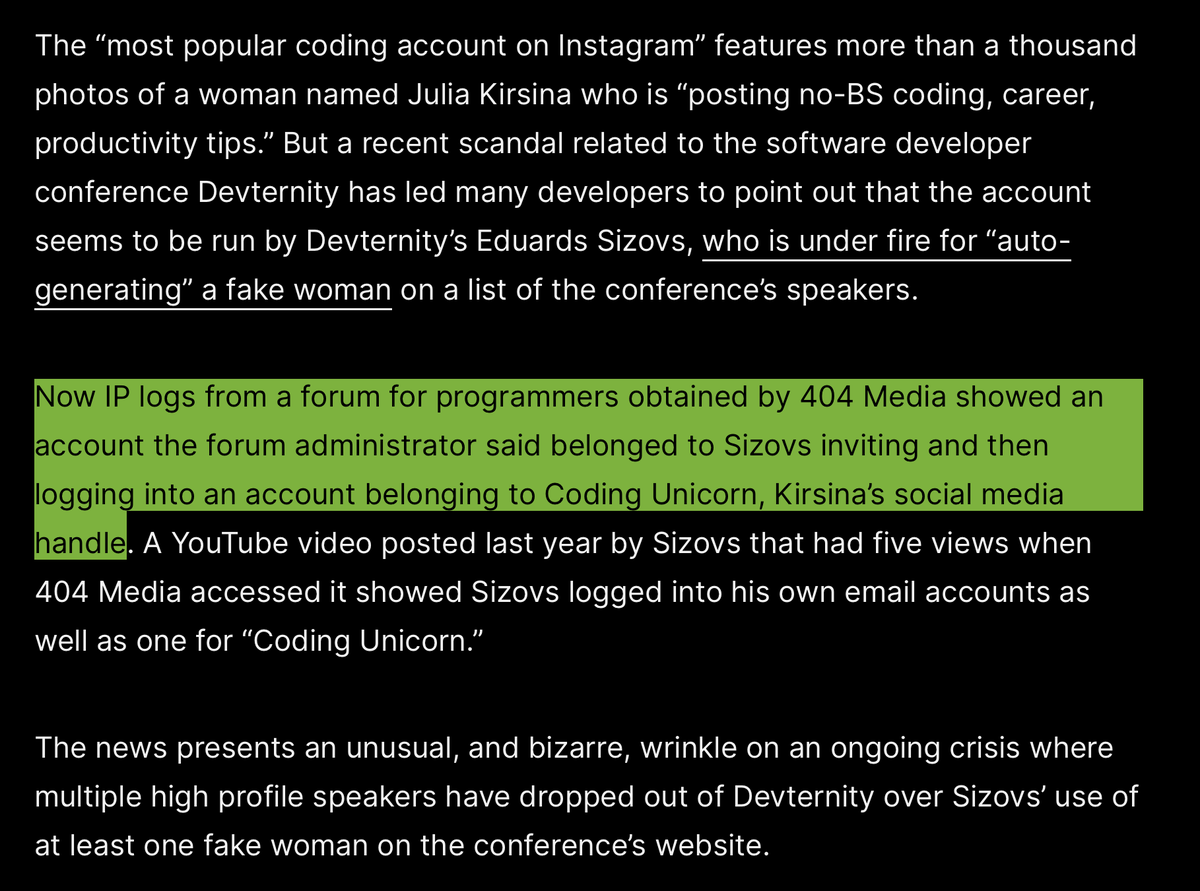 josephfcox's tweet photo. New: we've obtained IP logs from a forum that shows male tech conference founder Eduards Sizovs is behind the woman coding influencer account "Coding Unicorn." Same founder who admitted to using an auto-generated woman on his conference speaker list https://t.co/Or2zlqfH9V https://t.co/hn2RIz6N1U