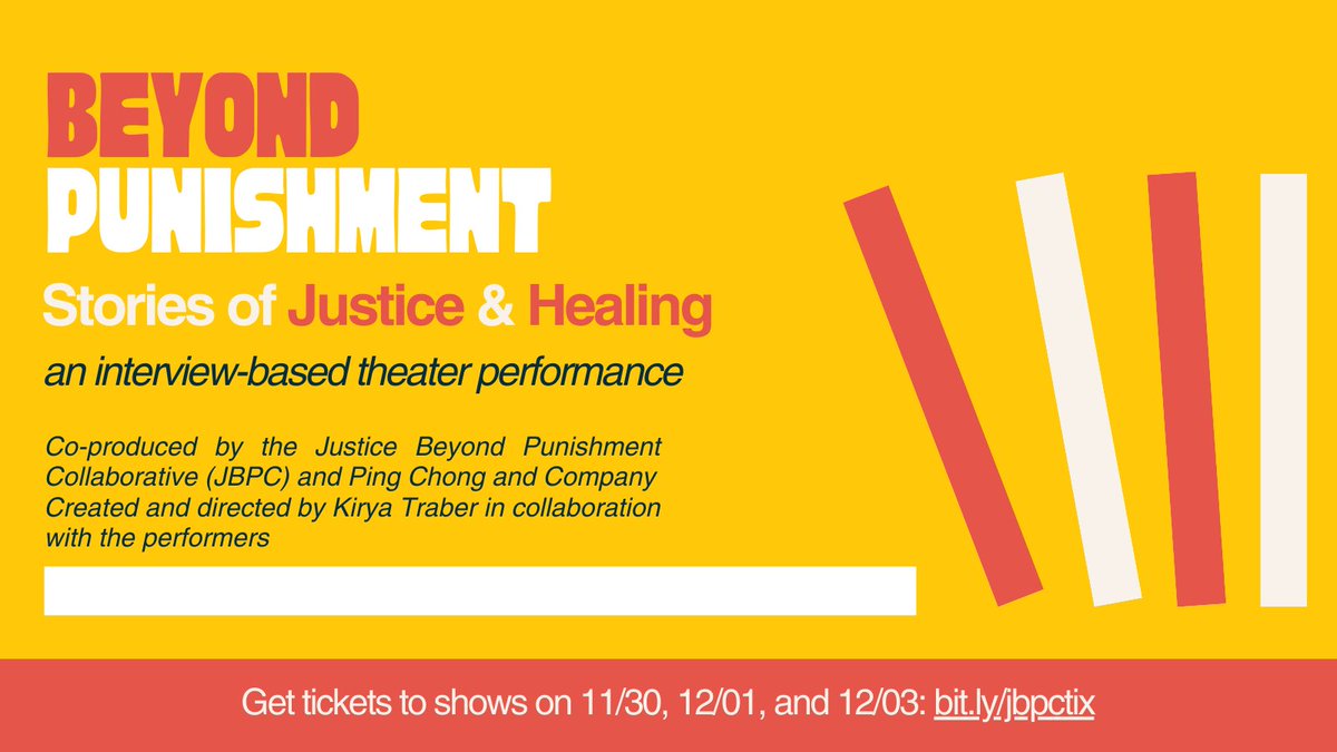 Join us for #BeyondPunishment: Stories of Justice &amp; Healing, a new theater production telling the REAL stories of folks grappling with the intersections &amp; impacts of interpersonal &amp; state violence. 

11/30, 12/1 @ Weeksville
12/3 @ Hi-ARTS

Grab free tix: bit.ly/jbpctix