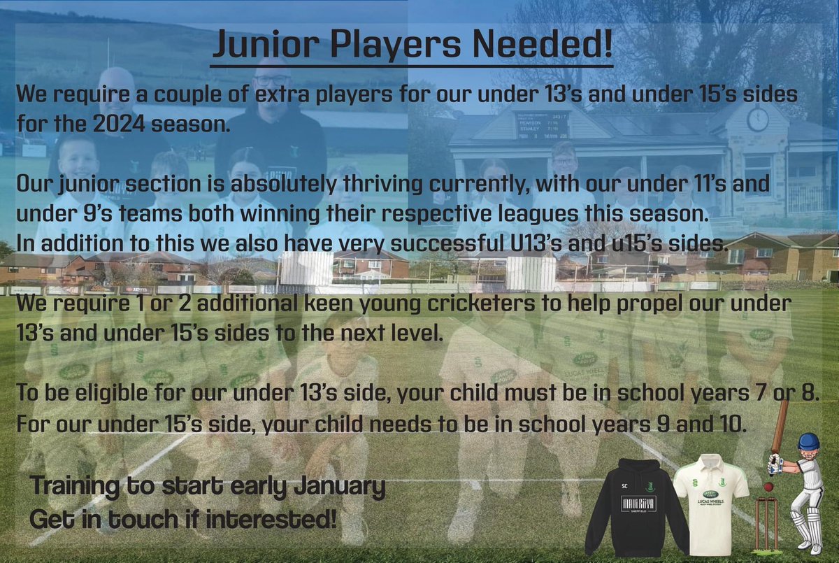 We are also on the hunt for some additional junior players for our under 13 and under 15 sides.

If that is any interest to you or anyone you may know, then please feel free to get in touch! 

Training will be starting early January, with more details to follow, everyone welcome!