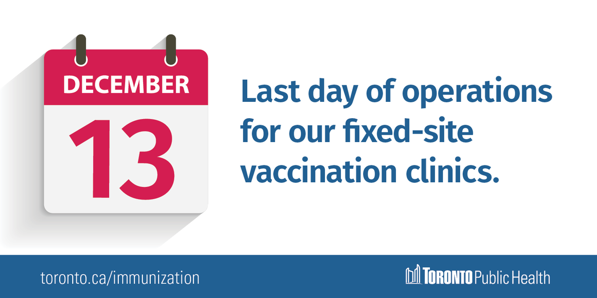 TOPublicHealth's tweet photo. As Toronto Public Health takes its final step in winding down its #COVID19 emergency response, our fixed-site vaccination clinics will permanently close after December 13.

Learn more: https://t.co/9PJVp6JZ8h https://t.co/wq5MbYLBXr