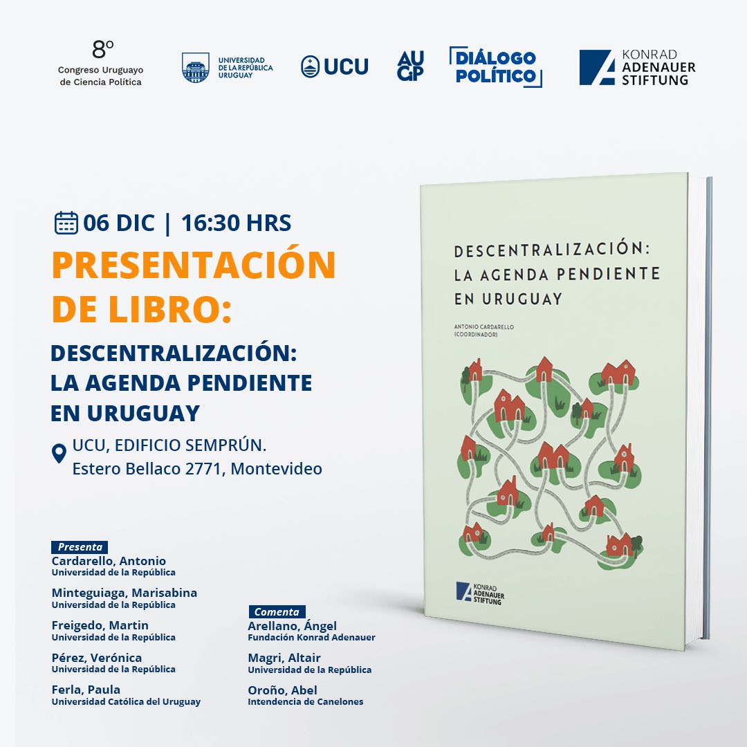 KasUruguay's tweet photo. Presentación de:
“Descentralización: la agenda pendiente en Uruguay”
Presentan: @Zatopek_1871, Marisabina Minteguiaga, @Marfreigedo, @veroperezben (@dcpFCS @fcsudelar), Paula Ferla (UCU)
Comentan: @angelarellano @KasPartidos, Altaïr Magri (Udelar) y Abel Oroño (@IdCanelones) https://t.co/Dqu9Hko0VB