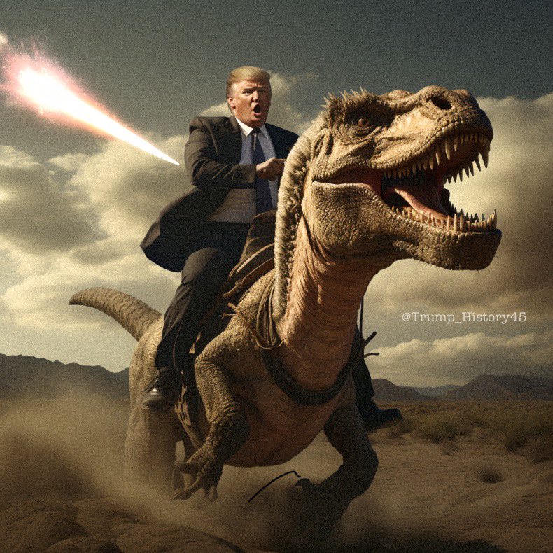 Donald Trump makes his escape from the meteor that killed all the dinosaurs. He was the only survivor…
- End of the Cretaceous Period, colorized