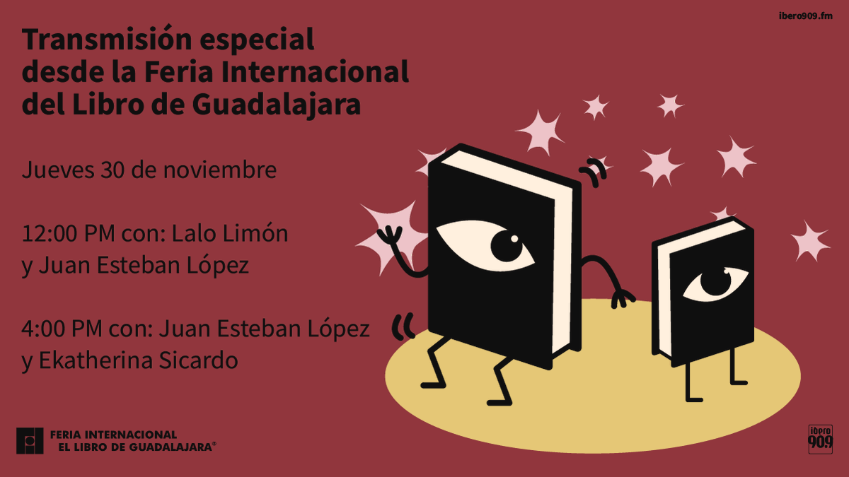 <a href="/FILGuadalajara/">FIL Guadalajara</a> <a href="/EkatherinaReyes/">Ekatherina S. Reyes</a> <a href="/elimonpartido/">Eduardo Limón</a> <a href="/cristinaburneos/">cristina burneo salazar 🫀</a> <a href="/irabegoira/">Begoña Irazábal</a> <a href="/unagarfias/">Sofía Garfias</a> @_juaneslopez <a href="/yosoymercedes/">Mercedes Alvarado M</a> <a href="/CronistaOscar/">Óscar Martínez</a> Este jueves <a href="/elimonpartido/">Eduardo Limón</a> y @_juaneslopez recibirán a Layla Martínez,  Guiomar de Grammont y <a href="/monerohernandez/">Hernández</a>. Por la tarde <a href="/EkatherinaReyes/">Ekatherina S. Reyes</a> estará con Anelí Villa Avendaño, @Friedducha y Elena Buixaderas 🍬