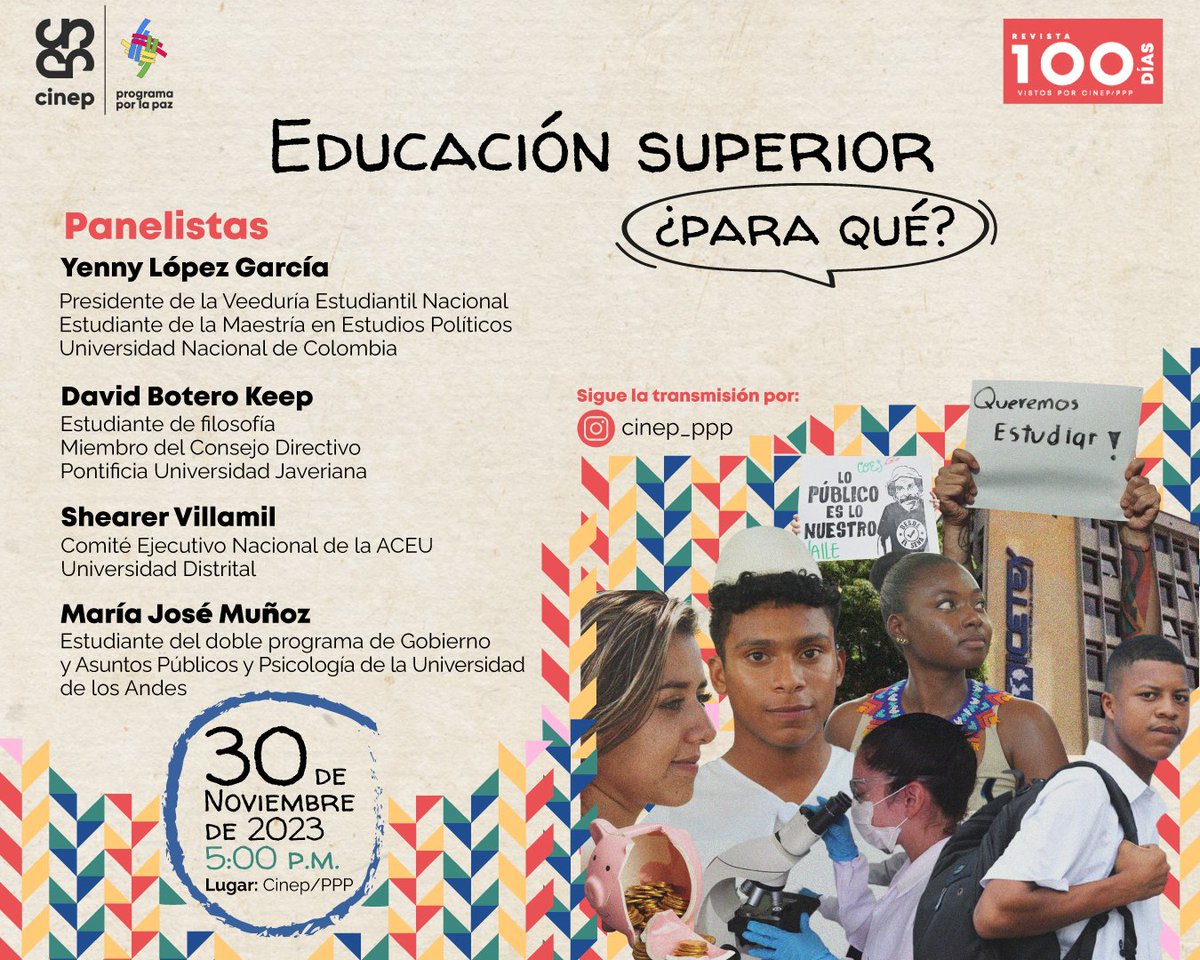 🏫🧑‍🎓 Este jueves la revista #CienDías invita a conversar sobre la educación superior: su estado actual, la reforma, y los cambios que requiere.

📬 Asiste enviando tu nombre y documento de identidad a comunicaciones@cinep.org.co

📳 Trasmisión en vivo por instagram.com/cinep_ppp