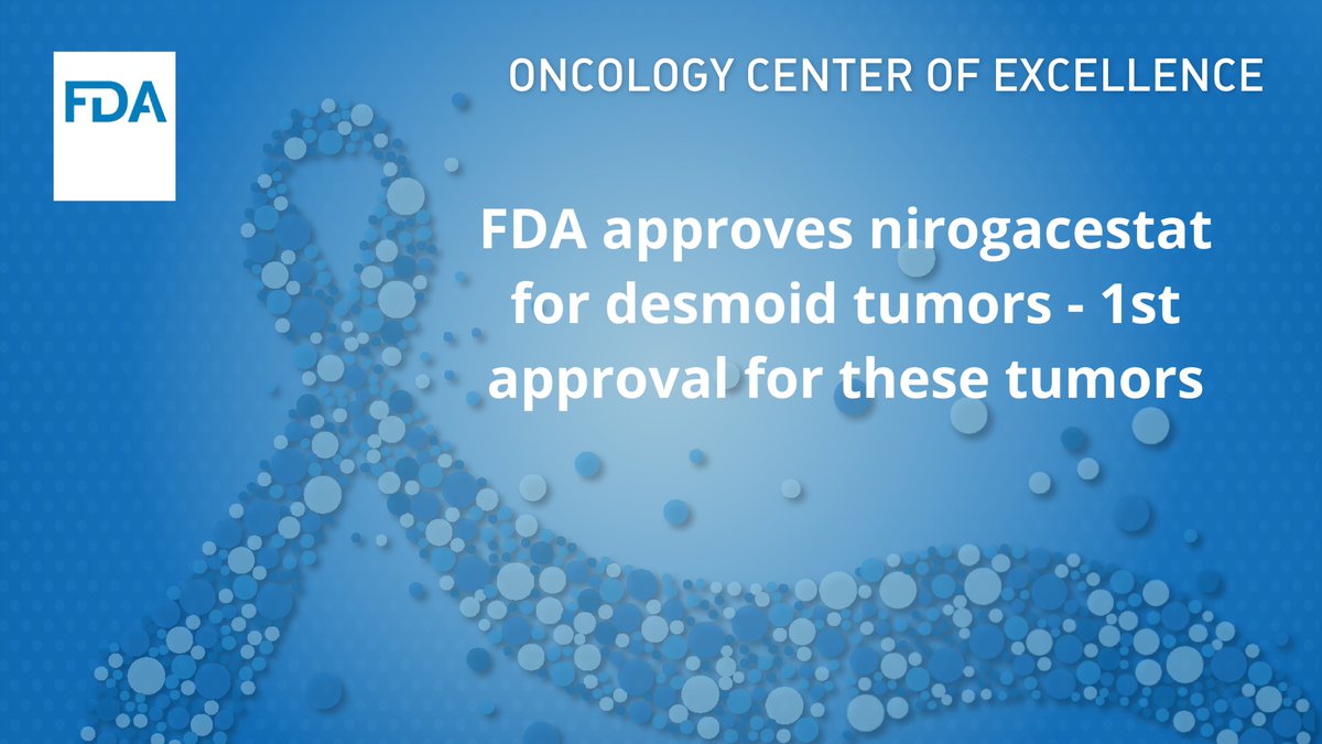 FDA approved nirogacestat (OGSIVEO, SpringWorks Therapeutics) for adult patients with progressing desmoid tumors who require systemic treatment. This is the first approved treatment for desmoid tumors.
fda.gov/drugs/resource…
#OCENewsBurst