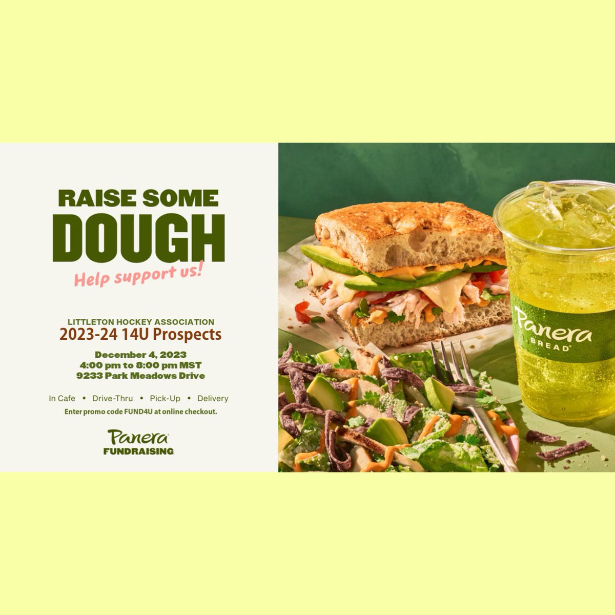 Raise some dough for the 14U Prospects team at Panera Bread at 9233 Park Meadows Drive