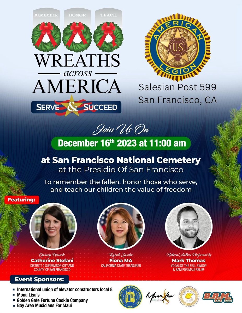San Francisco POA (@sanfranciscopoa) on Twitter photo Join us to remember the fallen and honor those who served by joining Wreaths Across America’s San Francisco ceremony at San Francisco National Cemetery at the Presidio on December 16. Details are in the flyer below. <a href="/WreathsAcross/">Wreaths Across America</a> Join us to remember the fallen and honor those who served by joining Wreaths Across America’s San Francisco ceremony at San Francisco National Cemetery at the Presidio on December 16. Details are in the flyer below. <a href="/WreathsAcross/">Wreaths Across America</a>