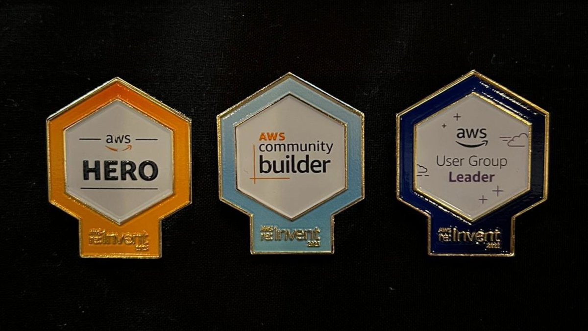 Shout out to our #AWSCommunity leaders at #reInvent- including AWS Heroes, AWS Community Builders, AWS User Group leaders + many others. Look for them with these pins on their lanyards; they are eager to connect with you!