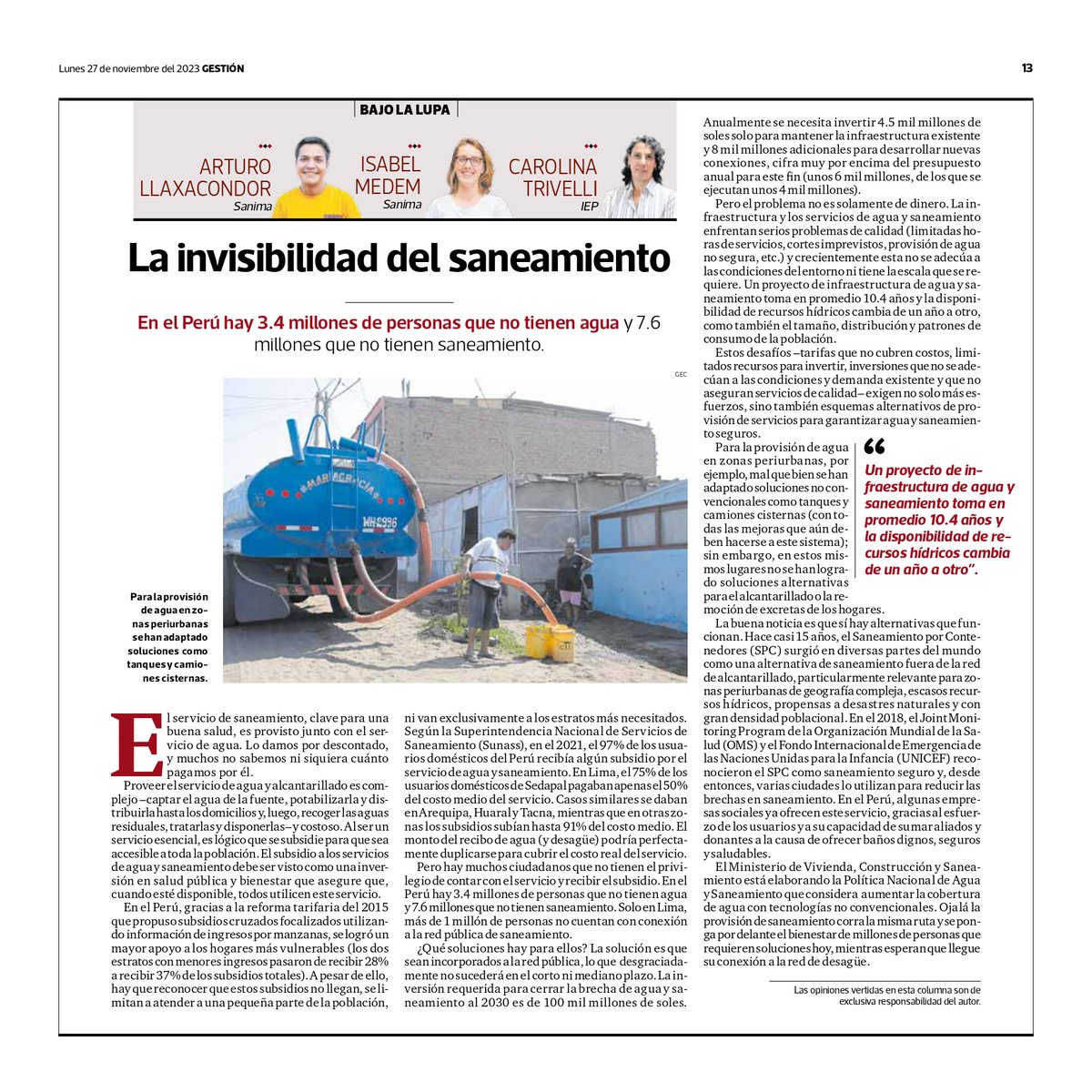 #SanimaOpina 💬
Lee la columna de opinión "La invisibilidad del saneamiento" 🚽 por Arturo Llaxacondor, Isabel Medem y Carolina Trivelli 

#aguaydesague #accesoalagua #derechoalagua #ods6 #saneamiento #sanitation #derechoshumanos