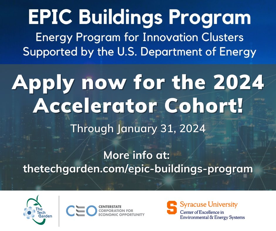 APPLICATIONS ARE OPEN! The EPIC Buildings Accelerator is a six-month Clean Tech program with <a href="/CenterStateCEO/">CenterState CEO</a> and <a href="/SyracuseCoE/">SyracuseCoE</a> providing a variety of services to building hardware startup companies that complement traditional accelerator services. Apply: bit.ly/EPIC-Buildings