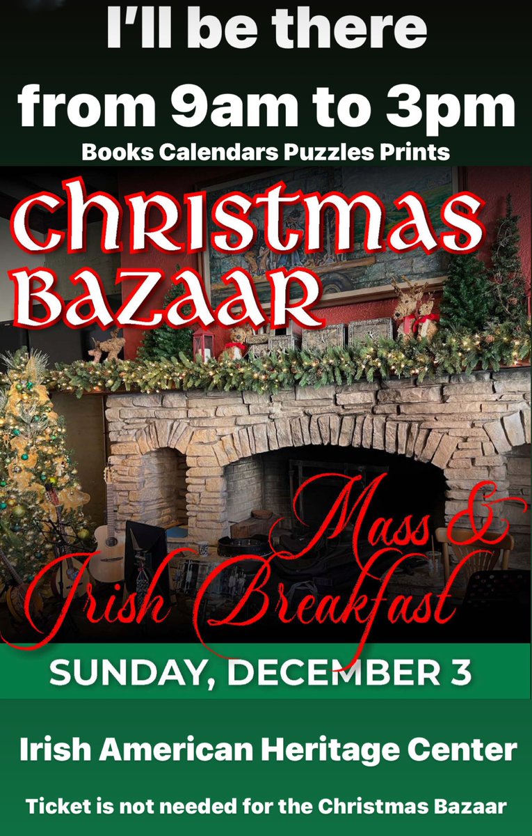 It’s my annual tradition. I’ll be there this coming Sunday from 9am to 3pm. I’ll have books, calendars, puzzles and prints at special discounts. The Christmas Bazaar is a free event at the Irish American Heritage Center. For details - barrybutlerphotography.com/events/2023/12…