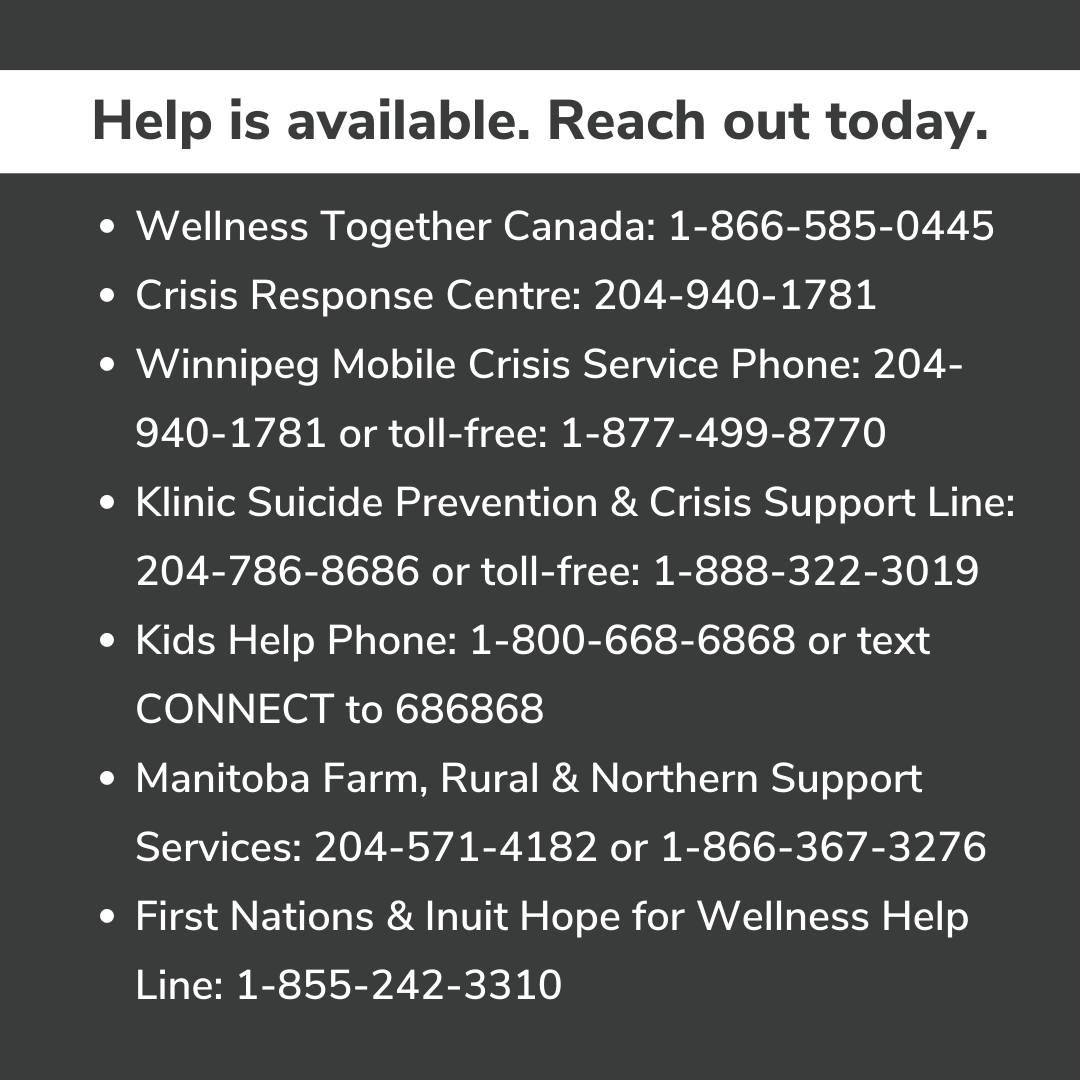 SharedHealthMB's tweet photo. If you are struggling right now, you are not alone &amp; resources are available. @WellnessCdn counsellors are available 24/7 by calling 1-866-585-0445. The Mental Health &amp; Wellness Resource Finder also provides a number of mental health, wellness &amp; supports: https://t.co/oTU3t70jKh. https://t.co/sHFMvCVVXN