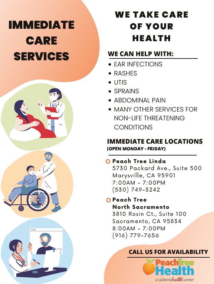 ipickpeach's tweet photo. Need to see a provider RIGHT NOW?!
We've got you covered!  
We have two locations - Peach Tree Linda Clinic and Peach Tree North Sacramento Clinic.  Learn more at https://t.co/xUFrjH1Yke

Share!
#immediatecare #needhelpnow #yubasutter #northsacramento #feelbetternow #ipickpeach https://t.co/rslzquc7Mr