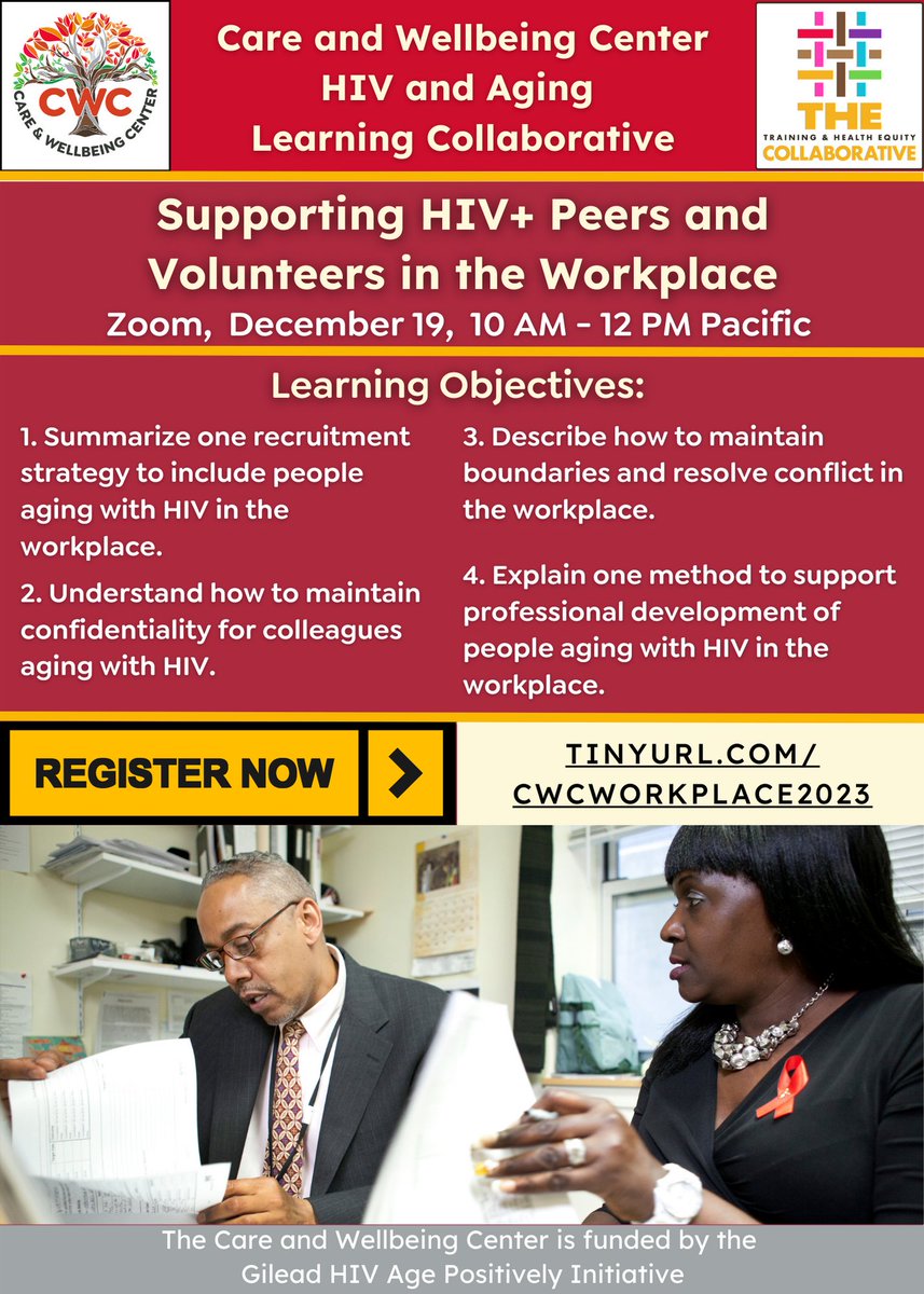 CWC_West's tweet image. How can we support PLWH, build inclusive workplaces, and maintain a healthy work-life balance? Join our next Learning Collaborative on Supporting HIV+ Peers and Volunteers in the Workplace 10:00 AM - 12:00 PM on December 19! Register for the session here: tinyurl.com/CWCWorkplace20…