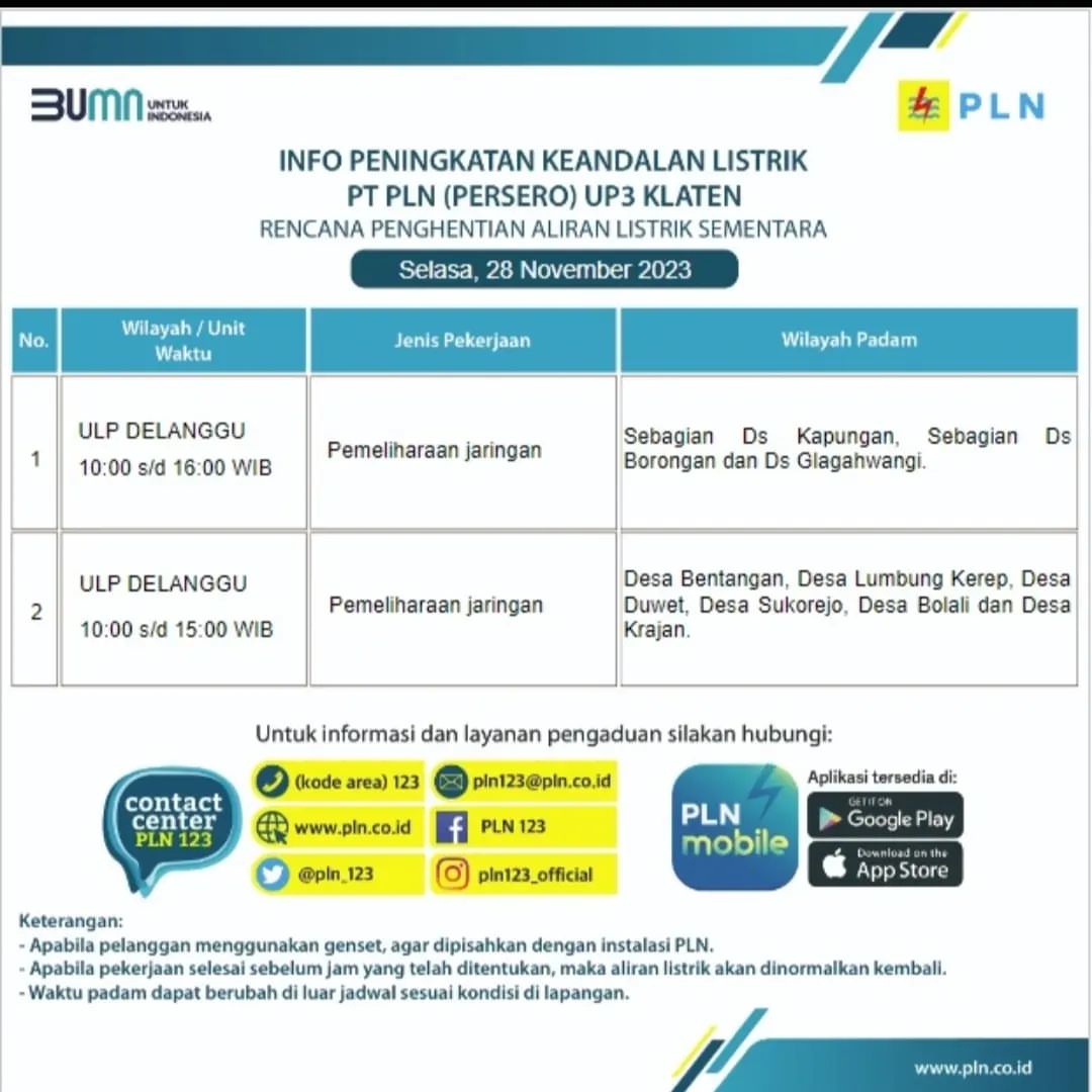 #infoPLN #lklaten
Jadwal Pemeliharaan Jaringan
Hari Ini - Selasa (28/11/2023)
10:00

area :
Sebagian Ds Kapungan, Sebagian Ds Borongan dan Ds Glagahwangi

Desa Bentangan, Desa Lumbung Kerep, Desa Duwet, Desa Sukorejo, Desa Bolali dan Desa Krajan.