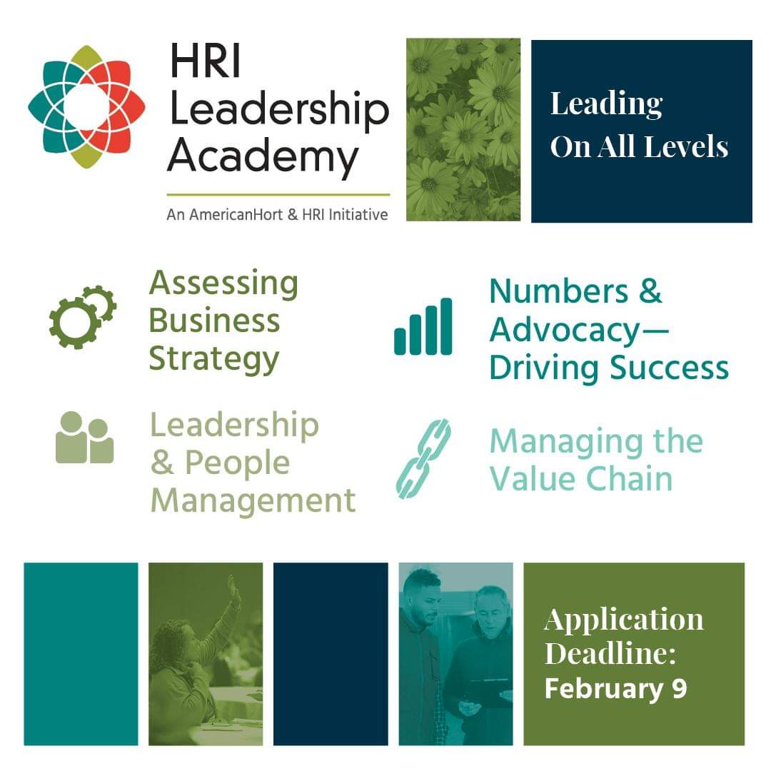 HRI and <a href="/American_Hort/">AmericanHort</a> are now accepting applications for the HRI Leadership Academy Class of 2025! This is a one-year leadership program designed to develop skills that future and current green industry leaders need.

Apply by February 9 at HRILeadershipAcademy.org