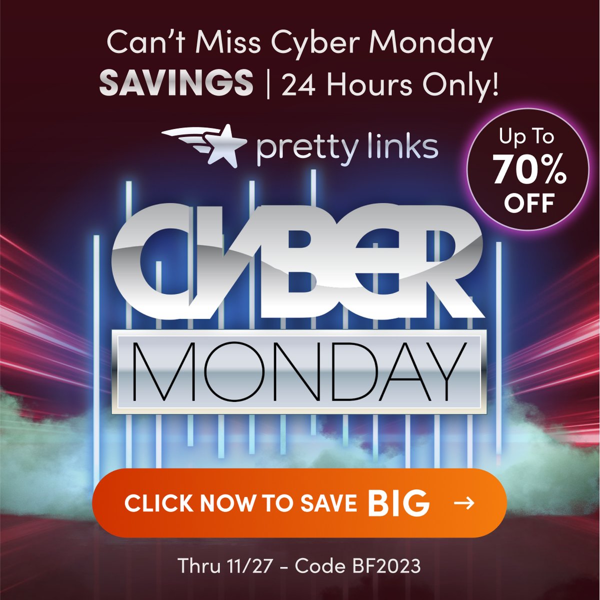 It's #CyberMonday crunch time! Only hours left to get up to 70% off Pretty Links. Don't miss out! Use BF2023 before 11:59 EST 👉 prettylinks.com/black-friday-2…

#LinkManagement #AffiliateLinks #AffiliateMarketing #WordPressTools #BlackFriday  #MarketingStrategy #CyberMondayShopping