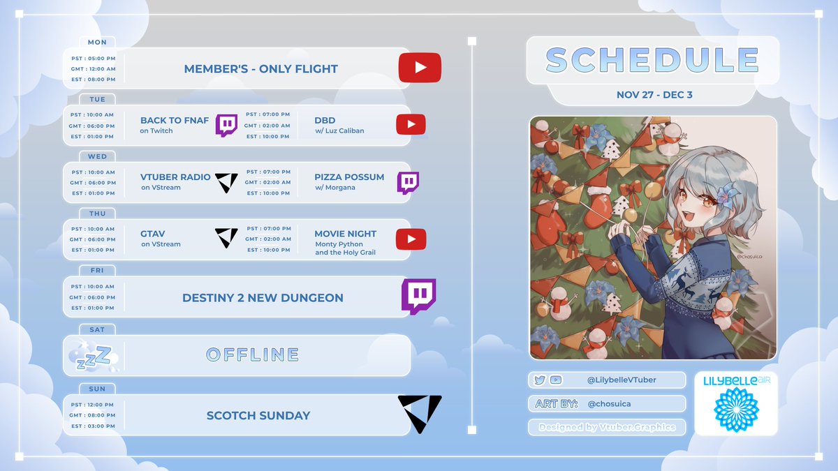 LilybelleVTuber's tweet image. 🩵NOV 27 - DEC 3 SCHEDULE🩵 

With the holidays coming, IT CAN ONLY GET MORE HECTIC!!! But you can at least find me around this week for all the extra lovin' 🥰

🎨: @chosuica 

✈️Art and Assets: #LilybelleArtLine  #LilybelleAuto
✈️Fans: #FrequentFlyers