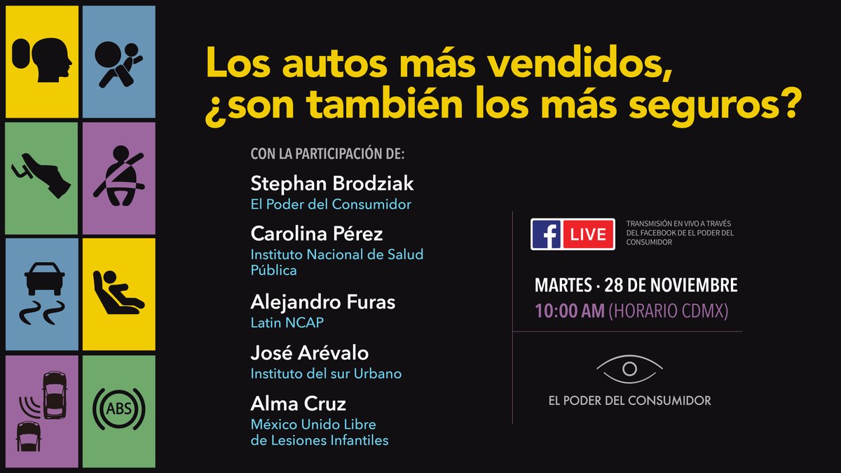Poder del Consumidor (@elpoderdelc) on Twitter photo ¿Sabes cómo elegir un auto seguro entre los nuevos modelos que se venden en México? #Entérate con especialistas de <a href="/inspmx/">INSP México</a> , <a href="/LatinNCAP/">Latin NCAP</a>, <a href="/SURinstitute/">SUR | Instituto del Sur Urbano</a> y <a href="/MunliMx/">Munli Mx</a> Mañana 28 de noviembre 10 hrs vía FB Live facebook.com/elpoderdelc ¿Sabes cómo elegir un auto seguro entre los nuevos modelos que se venden en México? #Entérate con especialistas de <a href="/inspmx/">INSP México</a> , <a href="/LatinNCAP/">Latin NCAP</a>, <a href="/SURinstitute/">SUR | Instituto del Sur Urbano</a> y <a href="/MunliMx/">Munli Mx</a> Mañana 28 de noviembre 10 hrs vía FB Live facebook.com/elpoderdelc