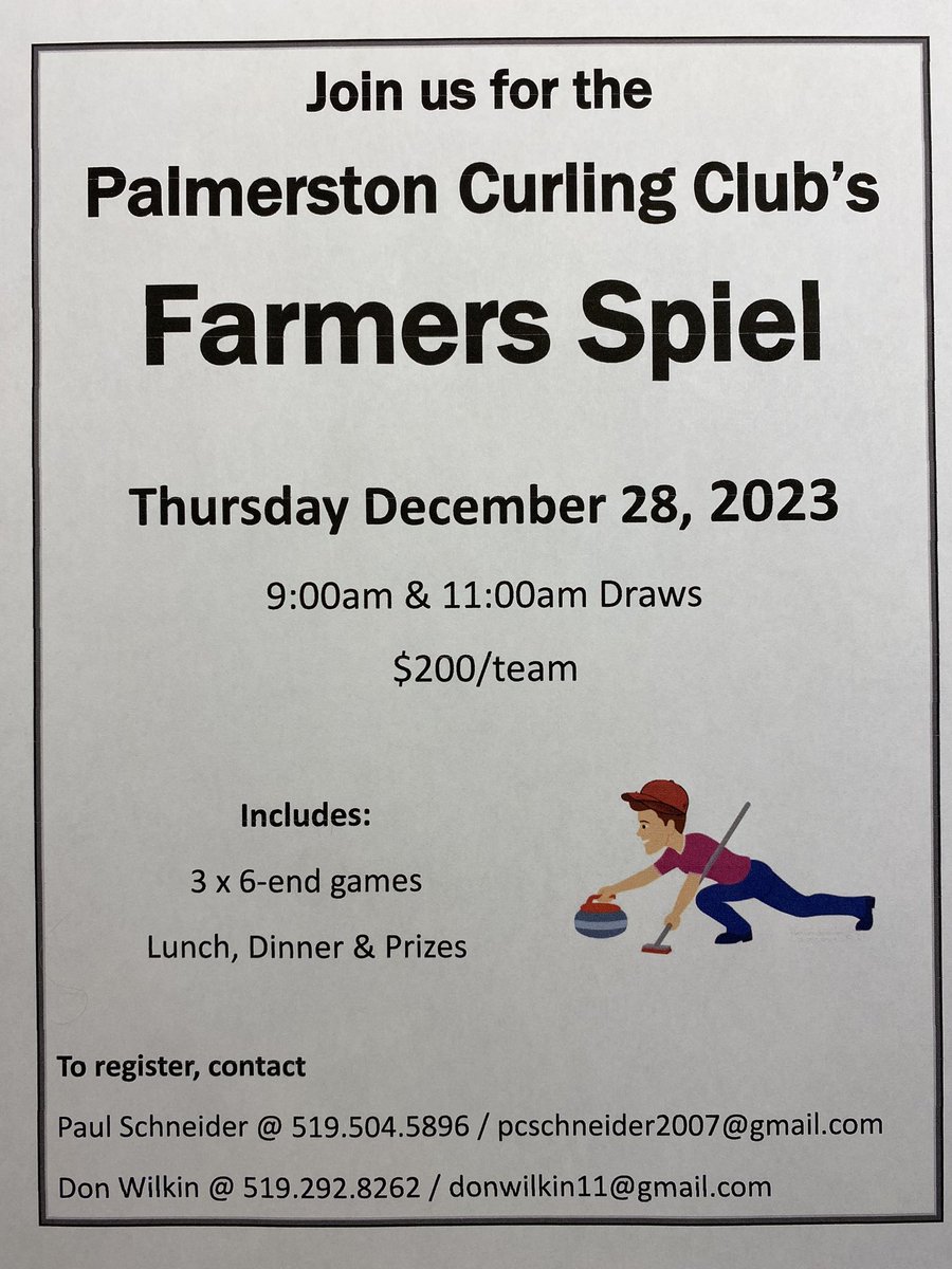 The Farmer’s Bonspiel is back at the Palmerston Curling Club. Space is still available - register your team today!