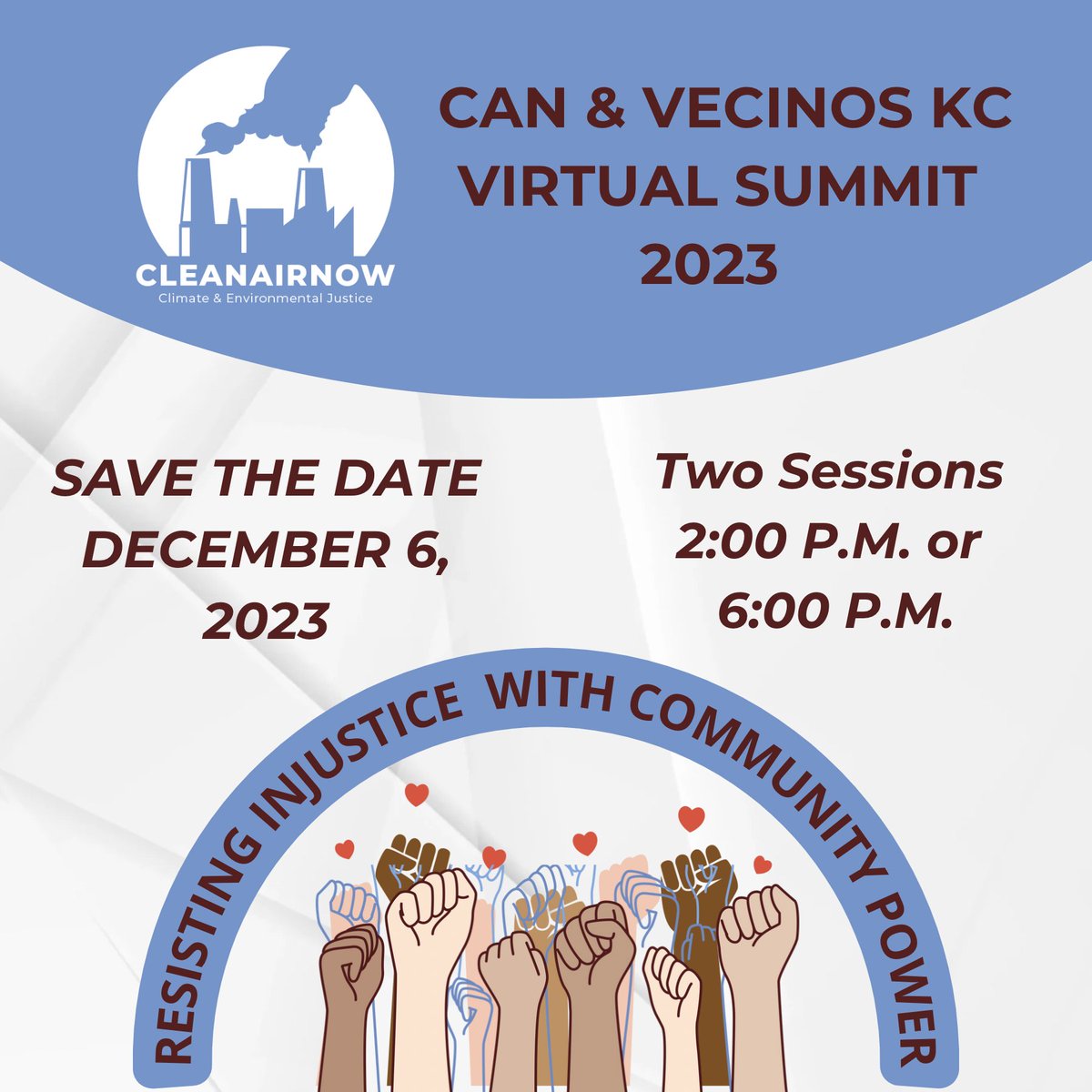 CleanAirN🌎W | VecinosKC (@mokancan) on Twitter photo CleanAirNow & Vecinos KC invite you to the 2023 virtual event "Resisting Injustice with Community Power"! Join experts discussing environmental justice, community solutions, Vecinos KC resources, and more! Spanish session at 6 pm.
Register here: cankc.org/resisting/ CleanAirNow & Vecinos KC invite you to the 2023 virtual event "Resisting Injustice with Community Power"! Join experts discussing environmental justice, community solutions, Vecinos KC resources, and more! Spanish session at 6 pm.
Register here: cankc.org/resisting/