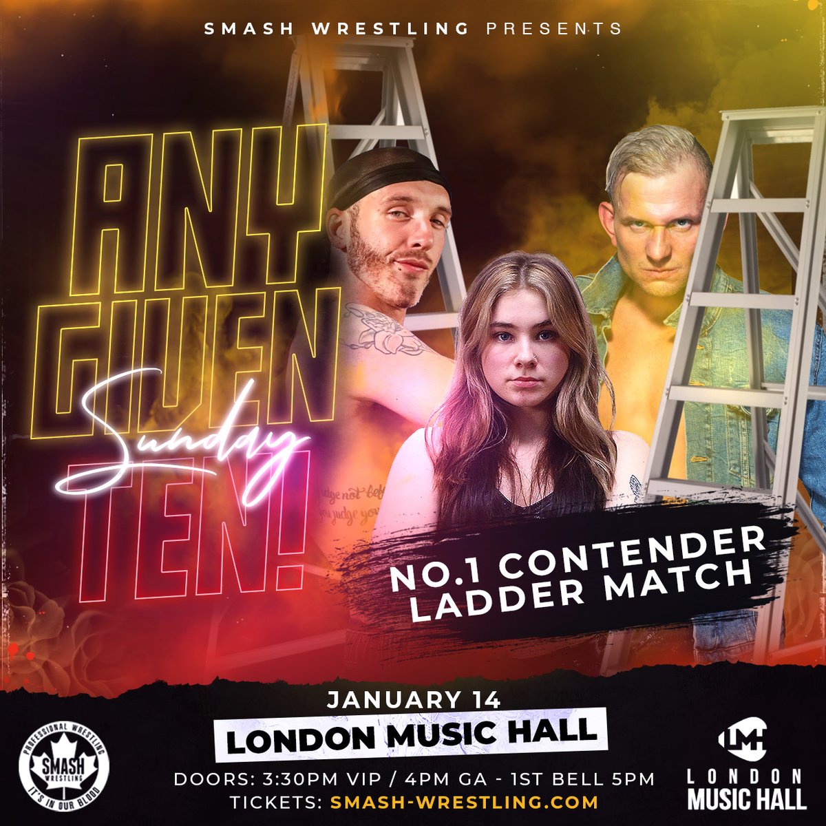 Let's drop a third name for the No. 1 Contender Ladder Match at Any Given Sunday! Haley Dylan will battle it out with Aiden Prince, @masonwrestling and.. ??? 🤔 Catch #AGS10 at London Music Hall on Sun. Jan. 14, 2024. 🎟️ TIX ➡️ smash-wrestling.com