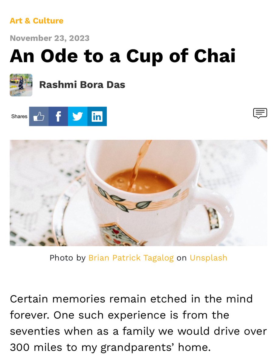 Have you ever wondered about the magic immersed in a cup of tea? My article in @womensweb @Dipannitasharma @csmsmaga @GabrielConstans @real_ziaulislam  @krishnasarma68 @Nitadutta00 @xhobdo @preetamtalukdar  @TanviG 
Click 👇 
womensweb.in/2023/11/an-ode…